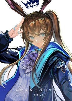 1girl :d amiya_(arknights) animal_ears aqua_eyes arknights arm_up black_jacket blue_jacket brown_hair character_name commentary copyright_name english_commentary hair_between_eyes highres hood hood_down jacket jewelry locked_boy long_hair long_sidelocks long_sleeves multiple_rings open_clothes open_jacket open_mouth ring salute sidelocks simple_background smile solo two-sided_fabric two-sided_jacket upper_body white_background