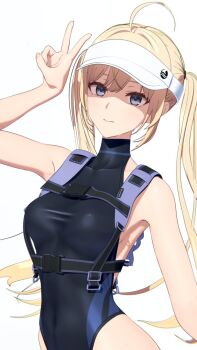 1girl 3d ahoge akehi_yuki armpits black_leotard blonde_hair blue_eyes breasts chest_harness commentary_request hand_up harness hat highleg highleg_leotard highres large_breasts leotard miyo_(akehi_yuki) original simple_background sleeveless_turtleneck_leotard smile solo twintails upper_body v visor_cap white_background white_hat