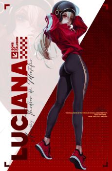 1girl ass bekus black_pants blonde_hair from_behind helmet highres jacket long_hair looking_at_viewer luciana_de_montefio pants red_eyes red_jacket shoes side_ponytail sneakers solo standing very_long_hair zenless_zone_zero