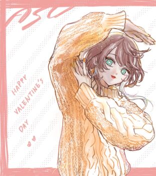 Rule 34 | 1girl, aqua eyes, arm up, asu (sinsekai), border, brown hair, character name, commentary, earrings, hand up, happy valentine, heart, heart arms, heart arms duo, heart in eye, highres, jewelry, kamitsubaki studio, maamaazatsu, multicolored hair, nail polish, orange nails, orange sweater, pink border, sinsekai record, solo, streaked hair, sweater, symbol in eye, thumbnail collage, virtual youtuber, white background, white hair