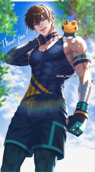 Rule 34 | 1boy, abs, animal, animal on shoulder, arm strap, armband, asymmetrical gloves, bandaged arm, bandages, bandaid, bandaid on face, bandaid on nose, black choker, black gloves, blue sky, brown hair, choker, cloud, commentary request, covered abs, cowboy shot, drawstring, elbow gloves, fingerless gloves, frog, gloves, hand on own neck, highres, indie virtual youtuber, kiro (kirostyle), large pectorals, layered clothes, leaf, leggings, looking at viewer, male focus, muscular, muscular male, open mouth, outdoors, pectoral cleavage, pectorals, sae naiyatsu, short hair, shorts, sky, smile, solo, sparkle, spiked hair, stuffed toy, sweat, tank top, thank you, tight clothes, tree, uneven gloves, virtual youtuber, yellow eyes