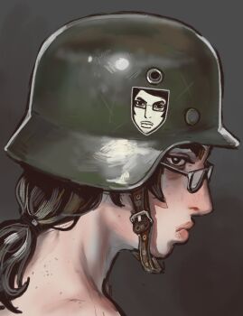 bare_shoulders black_eyes black_hair chudjak chudjak_(mossacannibalis) combat_helmet from_side glasses helmet highres insignia lips looking_at_viewer low_ponytail meme mossacannibalis original ponytail portrait strap world_war_ii