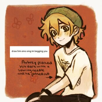 Rule 34 | 1boy, alternate costume, alternate eye color, arrow (symbol), basil (faraway) (omori), basil (omori), black eyes, black pants, blonde hair, blush, bright pupils, closed mouth, commentary, double-parted bangs, ear piercing, english commentary, english text, hair between eyes, highres, looking at viewer, male focus, omori, ottie pops, pants, piercing, shirt, short hair, short sleeves, sidelocks, smile, solo, t-shirt, white pupils, white shirt