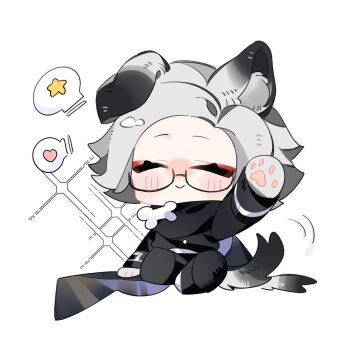 1boy :> animal_ears animal_hands aotsuki_eito black_cloak black_jacket blush bone chibi chibi_only cloak closed_eyes commentary dog_boy dog_ears dog_tail eyeshadow facing_viewer gakuran glasses grey_hair hand_up heart highres jacket kemonomimi_mode last_defense_academy_school_uniform lunarsea404 makeup male_focus red_eyeshadow school_uniform short_hair simple_background sitting solo spoken_heart spoken_star star_(symbol) tail tail_wagging the_hundred_line_-last_defense_academy- white_background