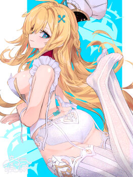 1girl absurdres aqua_eyes ass blonde_hair breasts butt_crack chef chef_hat closed_mouth commentary_request escoffier_(genshin_impact) feet fork_hair_ornament from_side garter_straps genshin_impact gmpoo93 hat heart heart_in_eye highres long_hair looking_at_viewer lying no_shoes on_stomach sideboob sleeveless smile solo symbol_in_eye the_pose thighhighs white_garter_straps white_hat white_thighhighs