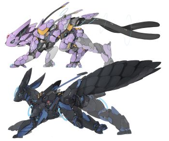 animal_focus black_sclera blue_eyes colored_sclera commentary english_commentary espeon from_side full_body gen_2_pokemon highres magic_circle mecha mechanization nintendo no_humans non-humanoid_robot pokemon pokemon_(creature) robot robot_animal running science_fiction simple_background sneaking telekinesis umbreon walking white_background xezeno