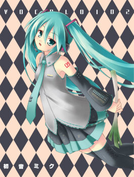 Rule 34 | 1girl, aqua hair, aqua necktie, argyle background, argyle clothes, black thighhighs, blouse, character name, collared shirt, copyright name, detached sleeves, female focus, frilled shirt, frills, grey shirt, hair between eyes, hatsune miku, head tilt, headset, holding, long hair, looking at viewer, necktie, open mouth, pleated skirt, ryo (botugo), shirt, shoulder tattoo, skirt, sleeveless, sleeveless shirt, solo, spring onion, tattoo, thighhighs, twintails, vocaloid, zettai ryouiki