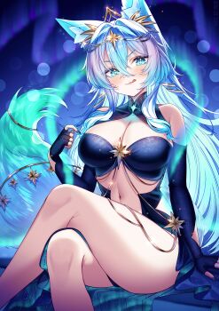 1girl :q absurdres animal_ear_fluff animal_ears aqua_tail artist_name black_nails blue_eyes blue_tail breasts by_mirin cleavage crossed_legs elbow_gloves eyelashes fingerless_gloves fox_ears fox_girl fox_tail gloves gradient_tail hair_between_eyes highres indie_virtual_youtuber kailani_(vtuber) navel solo tail tongue tongue_out virtual_youtuber