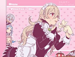 Rule 34 | 1boy, 3girls, back bow, black dress, blue hair, bow, corrin (female) (fire emblem), corrin (fire emblem), cupcake, dress, felicia (fire emblem), fire emblem, fire emblem fates, flag, flora (fire emblem), food, food on face, grey hair, hair between eyes, happy valentine, heart, heart background, highres, hiyori (rindou66), holding, holding flag, holding pastry bag, icing, jakob (fire emblem), juliet sleeves, licking, licking finger, long hair, long sleeves, maid, maid headdress, multiple girls, nintendo, pastry bag, pink hair, pointy ears, puffy sleeves, red eyes, sweatdrop, tongue, tongue out, white bow, white hair