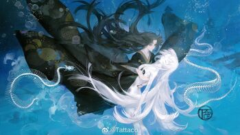 2girls animal_skeleton black_hair black_kimono black_nails breasts bubble check_copyright closed_eyes closed_mouth commentary completely_nude copyright_request eel expressionless eyelashes floating_clothes floating_hair floral_print full_body hair_censor highres hug japanese_clothes jellyfish kimono leaning_back long_hair long_sleeves looking_at_another multiple_girls nail_polish nude original pink_lips shipwreck skirt small_breasts symbol-only_commentary tattaco underwater very_long_hair watermark weibo_watermark white_hair white_skirt wide_sleeves yellow_eyes