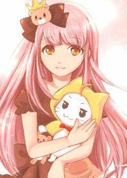 Rule 34 | 1girl, :3, ahoge, animal, apron, bare arms, bear hair ornament, black bow, black dress, bow, bowtie, brown eyes, cat, cloak, closed mouth, commentary request, cowboy shot, crown hair ornament, dot nose, dress, ear covers, eyelashes, frilled apron, frilled sleeves, frills, hair bow, hair ornament, happy, highres, holding, holding animal, holding cat, hood, hood up, hooded cloak, kasakasako, light particles, lips, long hair, miracle nikki, momo (nikki), nikki (nikki), nikki (series), orange apron, pink background, puffy short sleeves, puffy sleeves, red bow, red bowtie, short sleeves, sidelocks, smile, standing, tareme, traditional bowtie, two-tone background, very long hair, waist apron, waist bow, whiskers, white background, yellow cloak