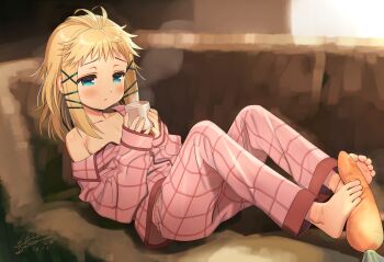 1girl armpit_crease artist_name black_bullet blonde_hair blue_eyes collarbone couch cup dated feet flat_chest forehead full_body highres holding holding_cup loli mug nipple_slip nipples on_couch pajamas pink_pajamas sexually_suggestive signature simulated_footjob single_off_shoulder soles solo steaming_cup stuffed_carrot tina_sprout toes youyueyue