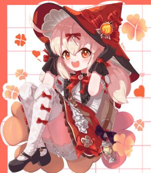 1girl :d absurdres black_gloves black_shoes bloomers bow bowtie character_name commentary_request dress_shirt full_body genshin_impact glove_bow gloves hair_between_eyes hair_ribbon hat highres klee_(blossoming_starlight)_(genshin_impact) klee_(genshin_impact) kozma_nate01 layered_skirt long_hair mary_janes miniskirt open_mouth pixiv_username red_bow red_bowtie red_eyes red_hat red_ribbon red_skirt revision ribbon shirt shoes short_sleeves skirt smile solo teeth thighhighs underwear upper_teeth_only white_bloomers white_hair white_shirt white_thighhighs witch_hat