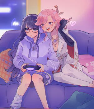 2girls absurdres alternate_hairstyle animal_ear_piercing animal_ears bare_legs belt belt_around_waist black-framed_eyewear black_bra black_gloves blunt_bangs blurry blurry_background bra business_suit center_opening character_doll collared_jacket controller couch doll ear_piercing earrings elbow_gloves formal_clothes game_controller genshin_impact glasses gloves glowing hair_down hair_ornament happy headphones highres holding holding_controller hood hood_down hoodie indoors jacket jewelry knees_together_feet_apart kokomi_(aniesuakkaman) leaning_on_person leaning_to_the_side light_blush long_hair long_sleeves looking_to_the_side mole mole_under_eye multiple_girls necklace nervous official_alternate_costume official_alternate_hairstyle on_couch open_mouth pants pendant piercing pillow pink_hair purple_eyes purple_hair purple_hoodie raiden_shogun raiden_shogun_(2nd_anniversary) single_sock sitting socks stuffed_animal stuffed_toy suit suit_jacket sweatdrop swept_bangs teeth underwear upper_teeth_only wavy_hair white_pants white_socks white_suit yae_miko yae_miko_(2nd_anniversary) yae_miko_(fox) yuri