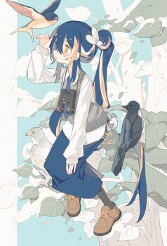 1girl artist_name binoculars bird blush collared_shirt green_hair grey_sweater_vest highres in_tree long_hair long_skirt melanbread multicolored_hair necktie orange_eyes original pencil_skirt purple_hair purple_necktie purple_skirt shirt sitting sitting_in_tree skirt solo streaked_hair sweater_vest tree very_long_hair white_hair white_shirt