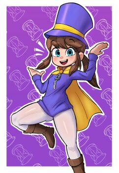 1girl 2025 a_hat_in_time absurdres blue_eyes blush boots breasts brown_hair cape hat hat_kid highres leggings legs long_hair looking_at_viewer pants ponytail rukisan(pixiv) small_breasts smile solo standing thighs toon_(style) tunic