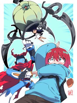 Rule 34 | amate yuzuriha, aqua eyes, backpack, bag, baseball cap, blue hoodie, blush, brown shorts, buruma, canti, cosplay, creator connection, flcl, gquuuuuux, gundam, gundam gquuuuuux, gym uniform, hat, highres, hood, hoodie, humanoid robot, long sleeves, mecha, multiple girls, name tag, nandaba naota, nandaba naota (cosplay), nyaan (gundam gquuuuuux), open mouth, red hair, robot, scarf, science fiction, shirt, short hair, shorts, surprised, sweatdrop, take shinobu, v-fin