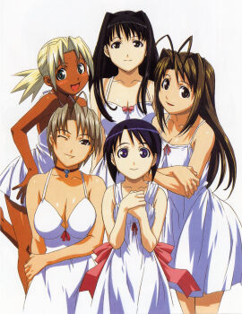 5girls akamatsu_ken aoyama_motoko bindi blush_stickers bob_cut breasts cleavage hair_intakes highres kaolla_su konno_mitsune lingerie love_hina maehara_shinobu multiple_girls narusegawa_naru official_art one_eye_closed underwear wink
