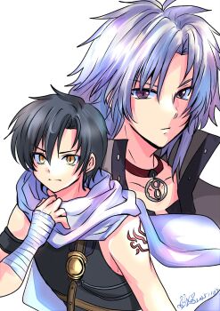 Rule 34 | 2boys, black hair, black shirt, coat, commentary request, eiyuu densetsu, falcom, fingerless gloves, formal clothes, gloves, grey coat, highres, joshua bright, leonhardt (eiyuu densetsu), looking at viewer, mullet, multiple boys, nekosuzuan 22, pendant choker, red suit, scarf, shirt, simple background, sora no kiseki, suit, tattoo, white hair, white scarf