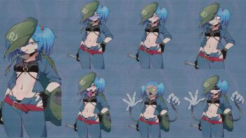 1girl backpack bag belt black_gloves blue_background blue_hair blue_pants blue_vest colored_tongue commentary_request crop_top film_grain fingerless_gloves flat_cap gloves green_hat hair_over_one_eye hat highres holding holding_wrench kawashiro_nitori long_tongue mask mechanical_arms multiple_expressions navel pants purple_eyes short_hair simple_background sunglasses tongue touhou two_side_up vest wrench zoruzorarara