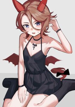 1girl alternate_costume animal_ears bare_shoulders black_boots black_choker black_dress blue_eyes blush boots bow breasts brown_hair choker collarbone cross demon_wings dress ear_covers hair_between_eyes halloween halloween_costume highres horse_ears horse_girl horse_tail jewelry latin_cross looking_at_viewer narita_taishin_(umamusume) necklace open_mouth red_wings short_hair simple_background sitting sleeveless sleeveless_dress small_breasts solo solokitsune sweatdrop tail tail_bow tail_ornament umamusume wariza wings