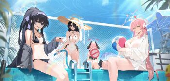 Rule 34 | 4girls, :o, absurdres, adjusting clothes, adjusting headwear, ahoge, arm support, ball, beachball, bikini, black bikini, black hair, black nails, black wings, blue archive, blue eyes, blue sky, bow, breasts, chinese commentary, cleavage, clothing cutout, commentary request, covered navel, crossed bangs, fence, flower, green eyes, grey jacket, hair bow, hair over one eye, halo, hanako (blue archive), hanako (swimsuit) (blue archive), hand up, hat, hat flower, hat ribbon, head wings, high ponytail, highres, hinata (blue archive), hinata (swimsuit) (blue archive), holding, holding ball, holding beachball, jacket, jacket partially removed, koharu (blue archive), koharu (swimsuit) (blue archive), lalacz, large breasts, long hair, long sleeves, looking at viewer, low wings, multiple girls, official alternate costume, one-piece swimsuit, open mouth, outdoors, partial commentary, pink eyes, pink hair, pink halo, ponytail, pool, pool ladder, red eyes, ribbon, rubber duck, shirt, side cutout, sidelocks, sitting, skindentation, sky, small breasts, smile, soaking feet, squatting, straw hat, swimsuit, tree, ui (blue archive), ui (swimsuit) (blue archive), very long hair, wet, white bow, white flower, white one-piece swimsuit, white ribbon, white shirt, wings, yellow halo