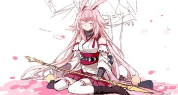 Rule 34 | 1girl, animal ears, boots, chon (klliaytong), closed mouth, commentary request, facing viewer, fox ears, highres, holding, holding polearm, holding weapon, honkai (series), honkai impact 3rd, japanese clothes, kimono, long hair, nontraditional miko, pink hair, pink skirt, polearm, ribbon-trimmed sleeves, ribbon-trimmed thighhighs, ribbon trim, short kimono, simple background, skirt, solo, thighhighs, unfinished, weapon, white background, white kimono, white sleeves, white thighhighs, yae sakura, yae sakura (gyakushinn miko)