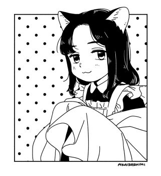 1girl :3 akai_sashimi animal_ears apron artist_name border cat_ears cat_girl closed_mouth dress greyscale long_hair long_sleeves looking_at_viewer maid monochrome original parted_bangs polka_dot polka_dot_background sleeves_past_fingers sleeves_past_wrists smile solo upper_body