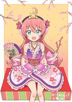 Rule 34 | 1girl, ahoge, aqua eyes, border, branch, cbgb, cherry blossoms, commentary request, commission, detached sleeves, floral print, floral print kimono, folding fan, gold collar, hair ornament, hand fan, highres, hikari riria, holding, holding branch, holding fan, indie virtual youtuber, japanese clothes, kimono, long hair, looking at viewer, official art, open mouth, outside border, pink hair, pink petals, print kimono, second-party source, sitting, skeb commission, solo, virtual youtuber, white border