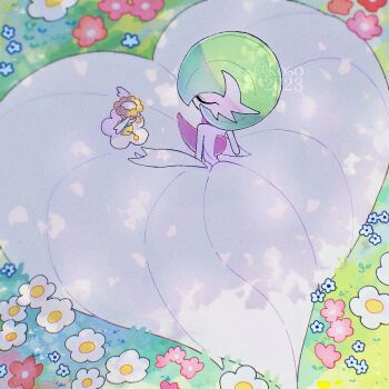 1girl 1other blue_flower bob_cut closed_eyes colored_skin commentary dappled_sunlight dress flabebe flabebe_(white_flower) flower from_above from_behind gardevoir gen_3_pokemon gen_6_pokemon grass heart highres koso2023 mega_gardevoir mega_pokemon nintendo no_humans outdoors pink_flower pokemon pokemon_(creature) pokemon_focus sitting sunlight twitter_username white_dress white_flower white_skin yellow_flower