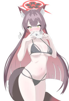 absurdres animal_ears bikini blue_archive commentary halo highres long_hair runarie selfie smile swimsuit tail thighs wakamo_(blue_archive) yellow_eyes