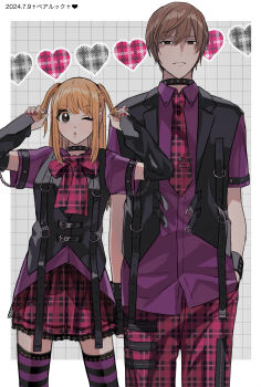 1boy 1girl ;o alternate_costume amane_misa black_choker black_socks black_vest blonde_hair bow bowtie brown_eyes brown_hair choker collared_shirt commentary_request death_note glaring gothic_punk grid_background hand_in_own_hair heart highres kasuya86 kneehighs lace_trim matching_outfits necktie one_eye_closed pants plaid_bow plaid_bowtie plaid_clothes plaid_necktie plaid_pants plaid_skirt purple_shirt purple_socks red_nails red_pants red_skirt shirt skirt socks striped_clothes striped_socks studded_choker two_side_up vest yagami_light