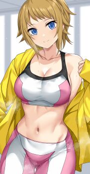 1girl bike_shorts blue_eyes breasts brown_hair cleavage closed_mouth collarbone commentary_request cowboy_shot gluteal_fold groin gundam gundam_build_fighters gundam_build_fighters_try hand_up highres hood hood_down hooded_jacket hoshino_fumina jacket long_sleeves looking_at_viewer medium_breasts midriff navel nirowata off_shoulder open_clothes open_jacket pink_shorts pink_sports_bra ponytail short_hair shorts sidelocks single_bare_shoulder smile solo sports_bra standing sweat taut_clothes two-tone_sports_bra white_shorts white_sports_bra yellow_jacket