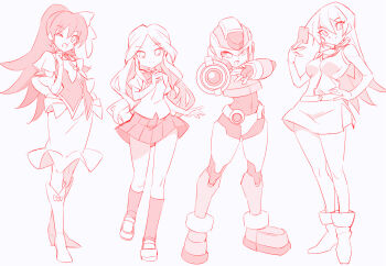 3girls 4girls aile_(mega_man_zx) aiming aiming_at_viewer arm_cannon armor boots bow bowtie breasts card closed_mouth crossover crotch_plate cure_tender dress duel_academy_uniform_(yu-gi-oh!_gx) forehead_jewel greyscale group_picture hand_on_own_hip happinesscharge_precure! helmet high_ponytail hikawa_maria holding holding_card inazuma_eleven inazuma_eleven_(series) kaidou_zx kobayashi_sanae long_hair looking_at_viewer medium_breasts mega_man_(series) mega_man_zx miniskirt model_x_(mega_man) monochrome multiple_crossover multiple_girls open_mouth pleated_skirt ponytail precure raimon_natsumi red_theme school_uniform shirt shoes short_sleeves simple_background skirt sleeveless sleeveless_shirt smile standing tenjouin_asuka trading_card vest voice_actor_connection weapon white_background yu-gi-oh! yu-gi-oh!_gx