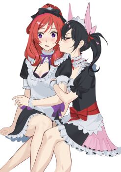 Rule 34 | 2girls, absurdres, apron, bare legs, black bow, black hair, blush, bound, bound legs, bow, bra, closed eyes, commentary request, face in hair, hair bow, highres, love live!, love live! school idol project, maid apron, multiple girls, nishikino maki, open mouth, purple eyes, purple ribbon, red hair, red ribbon, ribbon, short hair, short twintails, sitting, skirt, twintails, underwear, wavy hair, whispering, white background, wide-eyed, yakororosu, yazawa nico, yuri