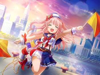 1girl blue_choker blue_sailor_collar blue_skirt bow bowtie choker cityscape cropped_shirt dual_wielding facing_viewer flag game_cg hat holding holding_flag lifebuoy long_hair navel nonomiya_lalafin official_art open_mouth outstretched_arms pink_hair red_bow red_bowtie sailor_collar sailor_hat shirt shoujo_kageki_revue_starlight shoujo_kageki_revue_starlight_-re_live- skirt solo standing standing_on_one_leg suspenders swim_ring two_side_up upper_body water white_hat white_shirt wrist_cuffs