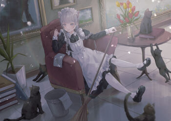 Rule 34 | 1girl, :p, absurdres, animal ears, apron, armchair, black cat, black dress, blunt bangs, book, book stack, braid, braided twintails, broom, bucket, cat, cat ears, cat girl, chair, closed mouth, collared dress, commentary request, contrast collar, dress, flower, frilled apron, frills, full body, grey eyes, grey hair, hand up, highres, holding, holding broom, juliet sleeves, legs up, long hair, long sleeves, looking at animal, low twintails, maid, maid apron, maid headdress, multiple cats, on chair, original, pantyhose, picture frame, plant, potted plant, puffy sleeves, red flower, red tulip, sanou, sitting, tongue, tongue out, tulip, twin braids, twintails, vase, white apron, white headdress, white pantyhose, wrist cuffs, yellow flower, yellow tulip