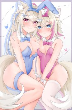 2girls absurdres animal_ears asymmetrical_docking bare_shoulders blonde_hair blue_bow blue_bowtie blue_eyes blue_leotard bow bowtie breast_press breasts covered_navel detached_collar dog_ears dog_girl dog_tail fuwawa_abyssgard highres hololive hololive_english large_breasts leotard medium_breasts mococo_abyssgard multiple_girls pink_bow pink_bowtie pink_leotard playboy_bunny red_eyes simple_background st-147 tail thigh_strap thighhighs traditional_bowtie white_background white_thighhighs wrist_cuffs