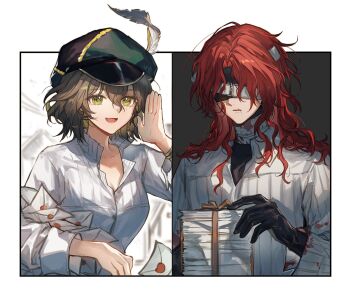 1boy 1girl :d aleph_(reverse:1999) black_gloves blindfold border brown_hair envelope gloves green_eyes green_hat hand_up hat hat_feather highres holding holding_envelope long_hair open_mouth outside_border recoleta_(reverse:1999) red_hair reverse:1999 scar scar_on_face scar_on_mouth shirt short_hair smile sp0i0ppp upper_body white_border white_shirt