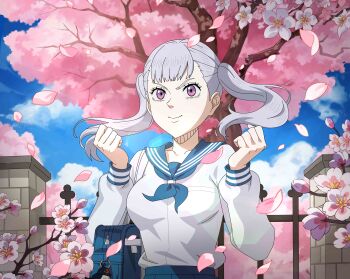 1girl absurdres bag black_clover black_clover_m:_rise_of_the_wizard_king blue_bag blue_neckerchief blue_sailor_collar blue_sky breasts cherry_blossoms clenched_hands day falling_petals flower grey_hair highres looking_at_viewer medium_breasts medium_hair neckerchief noelle_silva non-web_source official_alternate_costume official_art outdoors petals pink_flower pink_petals purple_eyes sailor_collar school_bag school_uniform serafuku shirt sky smile solo tree twintails upper_body white_shirt