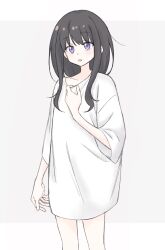 Rule 34 | 1girl, black hair, commentary request, cowboy shot, grey background, highres, inoue takina, long hair, long sleeves, lycoris recoil, naked shirt, open mouth, purple eyes, shirt, solo, syonosuke9573, two-tone background, white background, white shirt