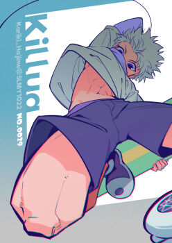 1boy character_name chromatic_aberration hunter_x_hunter kariki_hajime killua_zoldyck long_sleeves male_focus midriff_peek purple_eyes shirt shorts shota skateboard solo