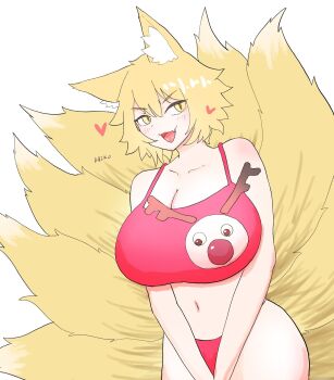 1girl animal_ears bikini blonde_hair blush breasts cleavage collarbone commentary_request fang fox_ears fox_girl fox_tail heart highres huge_breasts kitsune looking_at_viewer multiple_tails navel open_mouth red_bikini short_hair signature simple_background skin_fang slit_pupils solo swimsuit tail touhou warosufox white_background yakumo_ran yellow_eyes