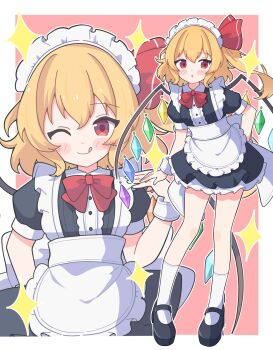 1girl :o :q alternate_costume apron bare_legs black_dress black_shoes blonde_hair blush bow bowtie center_frills commentary_request commission crystal_wings dress enmaided flandre_scarlet frills highres long_hair looking_at_viewer maid maid_apron maid_headdress mary_janes masakamea one_side_up outline projected_inset puffy_short_sleeves puffy_sleeves red_bow red_bowtie red_eyes shoes short_sleeves simple_background skeb_commission smile socks solo sparkle tongue tongue_out touhou white_background white_outline white_socks wings wrist_cuffs