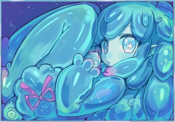 1girl aqua_dress aqua_eyes aqua_hair aqua_skin aqua_theme blue_background blush colored_skin commentary dress english_commentary highres ketopon light_particles long_hair long_sleeves monster_girl original parted_lips pink_ribbon pointy_ears ribbon slime_(substance) slime_girl solo stuck_in_a_box