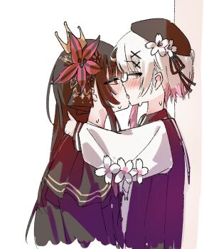 2girls black_dress black_hair black_hat blush dress flower foopy french_kiss hair_flower hair_ornament hat highres kiss long_hair mahou_shoujo_no_majo_saiban multicolored_hair multiple_girls nikaido_hiro pink_eyes pink_hair red_eyes red_flower sakuraba_ema shirt simple_background streaked_hair sweat white_background white_flower white_shirt yuri