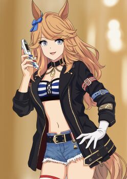 1girl absurdres animal_ears bandeau black_jacket blonde_hair blue_bow blue_eyes blurry blurry_background blush bow breasts cellphone chain cleavage closed_mouth collarbone commentary_request cowboy_shot cutoffs denim denim_shorts ear_bow ear_ornament eyes_visible_through_hair flip_phone fujiya_ponisuke gold_chain gold_city_(authentic/1928)_(umamusume) gold_city_(umamusume) highres holding holding_phone horse_ears horse_girl horse_tail jacket long_hair long_sleeves looking_at_viewer midriff navel open_clothes open_jacket phone shorts sidelocks simple_background small_breasts smile solo standing strapless striped_bandeau swept_bangs tail tube_top umamusume