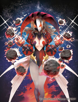 1girl black_hat black_leotard black_mask breasts carnival_(wixoss) copyright_notice grey_hair hat highres jester_cap leotard long_hair medium_breasts multicolored_leotard official_art pantyhose red_hat red_leotard sidelocks solo tokiti two-tone_leotard two-tone_mask white_mask white_pantyhose wixoss