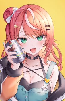 1girl absurdres aqua_eyes bare_shoulders black_choker black_shirt bow breasts can choker cleavage collarbone fang hair_bow hair_bun halterneck hand_up highres holding holding_can igarashi_rika medium_breasts mole mole_on_breast multicolored_hair neit_ni_sei nijisanji o-ring o-ring_choker off_shoulder open_mouth orange_hair raised_eyebrow shirt simple_background single_side_bun sleeveless sleeveless_shirt smile solo streaked_hair upper_body virtual_youtuber yellow_background
