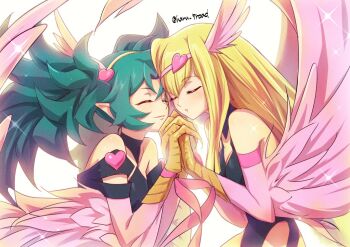 Rule 34 | 2girls, bare shoulders, blonde hair, breasts, claws, closed eyes, detached sleeves, duel monster, feathers, green hair, hair ornament, harpie carla, harpie girl (yu-gi-oh!), harpy, haru 7road, heart, heart hair ornament, long hair, medium breasts, monster girl, multiple girls, pink feathers, small breasts, twintails, winged arms, wings, yu-gi-oh!, yu-gi-oh! rush duel